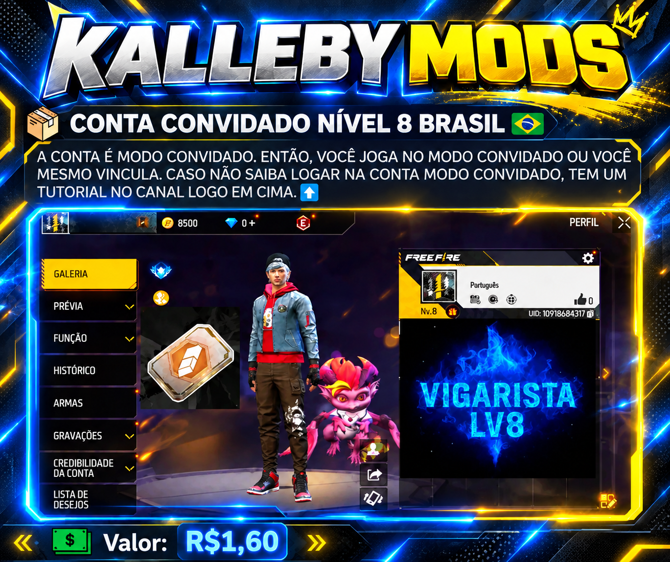 Conta Free Fire level 15 com 300 diamantes